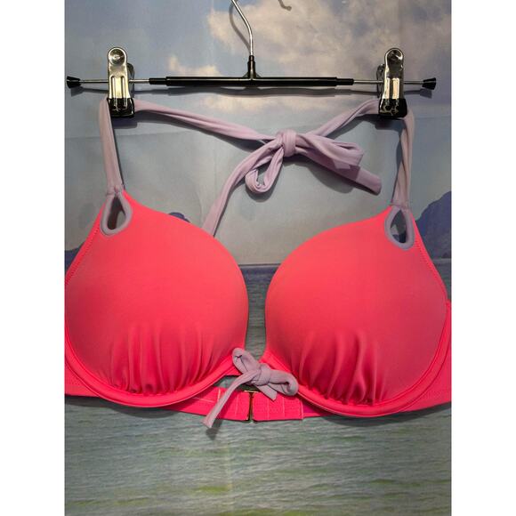 Victoria's Secret Bikini Halter Top Bright Pink Purple accents size 34C - Picture 2 of 7